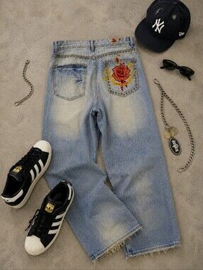 Vtg 90s Sean John Embroydered Rose Baggy WideLeg Grunge Streetwear Jeans Mens 40